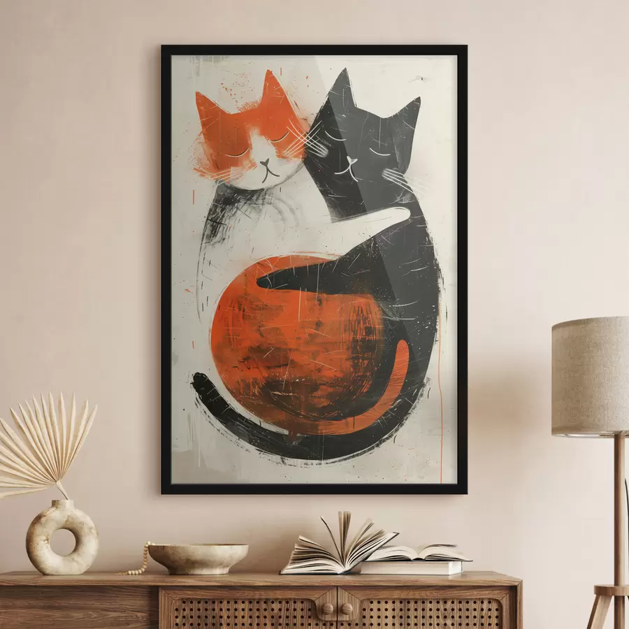 Fototapete Minimalistische Tuscheillustration von zwei süßen Katzen f39725