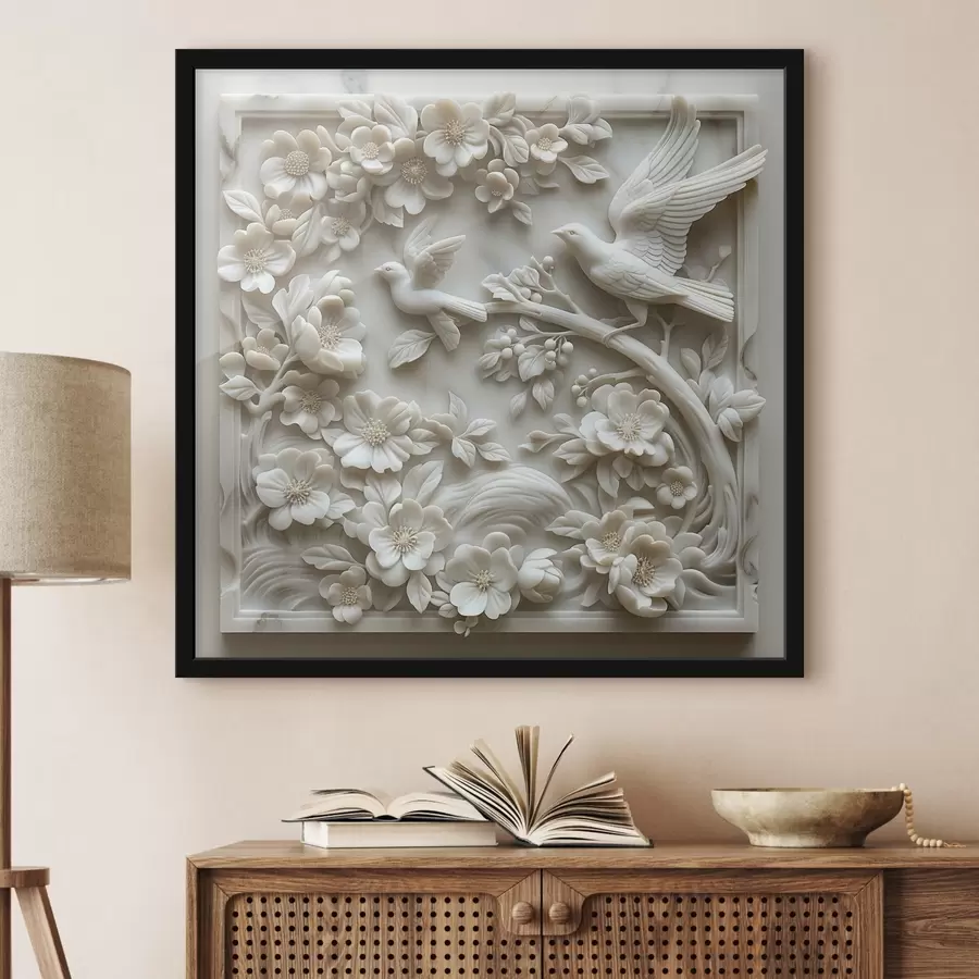 Wandbilder Ein Garten aus weißem Marmor mit Reliefs von Vögeln und Blumen f39728