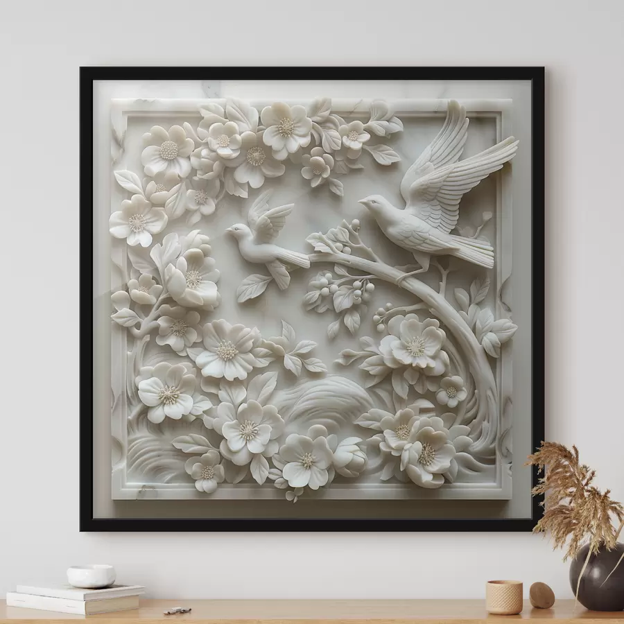 Fototapete Ein Garten aus weißem Marmor mit Reliefs von Vögeln und Blumen f39728