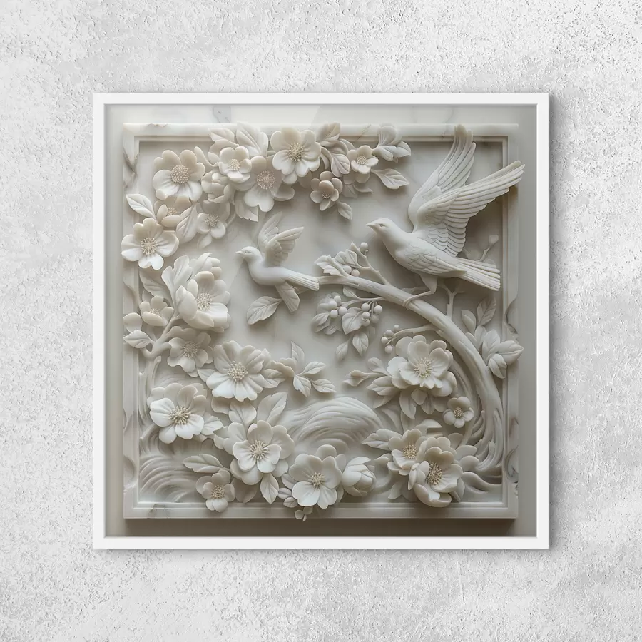 Fototapete Ein Garten aus weißem Marmor mit Reliefs von Vögeln und Blumen f39728