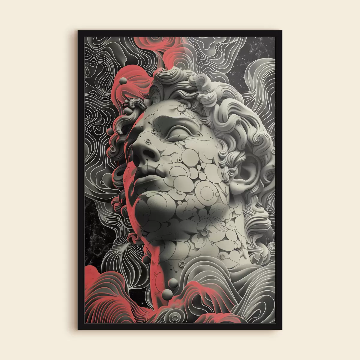 Poster Schwarz-weiße lineare Darstellung des Kopfes des griechischen Gottes Apollo im Pop-Art-Stil f39763