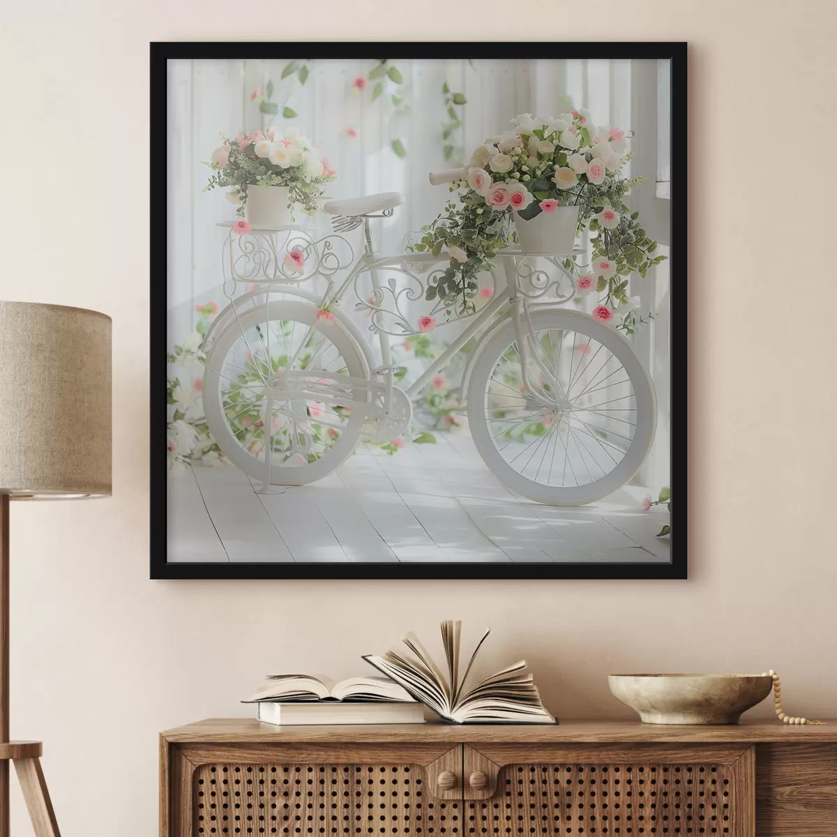Poster Weißes Fahrrad mit einem Korb voller Blumen im provenzalischen Stil f39243