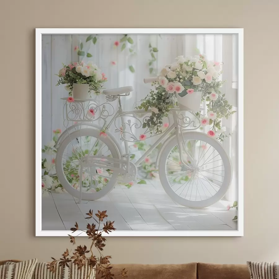 Fototapete Weißes Fahrrad mit einem Korb voller Blumen im provenzalischen Stil f39243