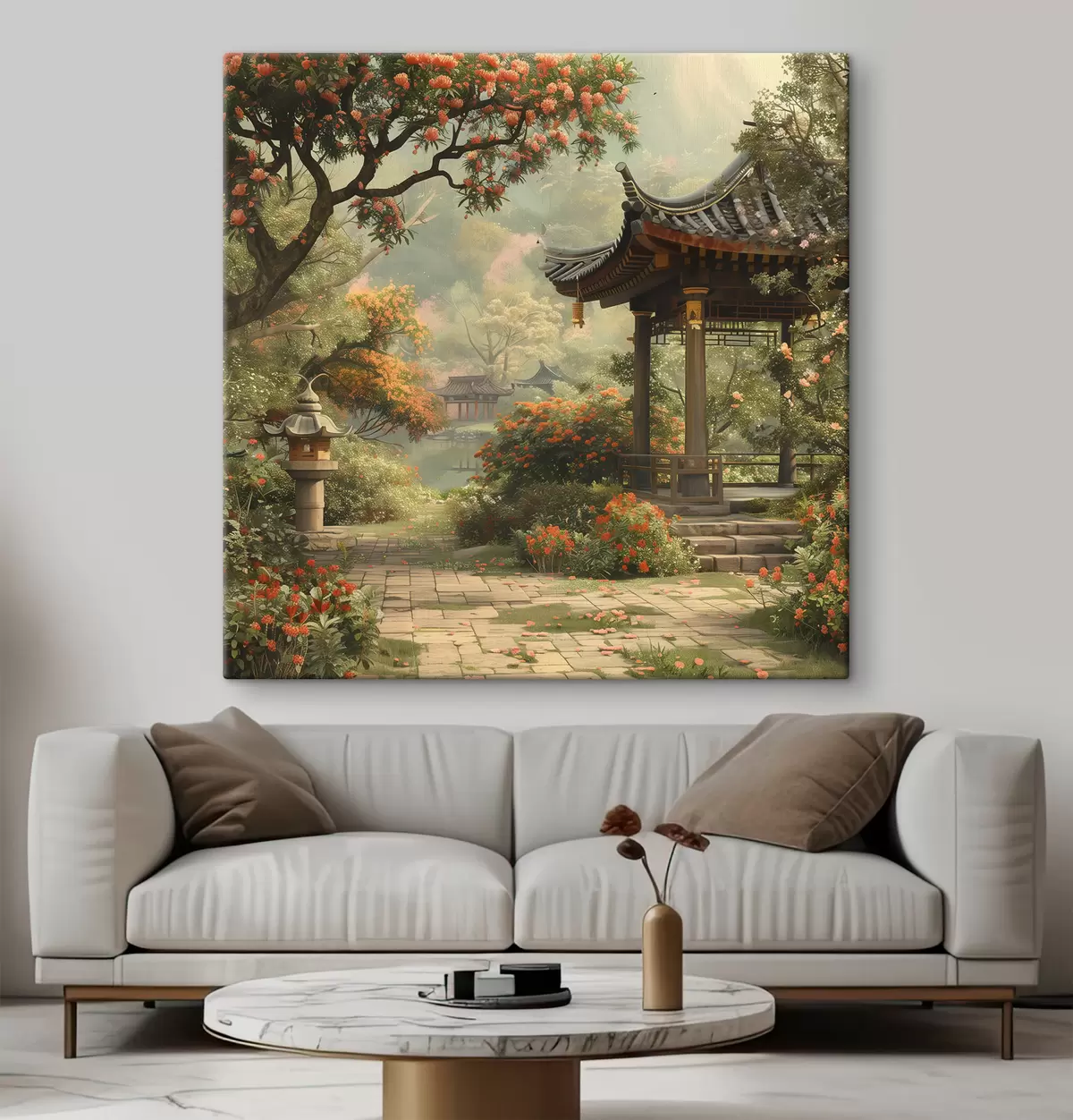 Wandbilder Japanischer Park mit blühenden Bäumen und Blumen, Wald, Gartenhaus, See s39772