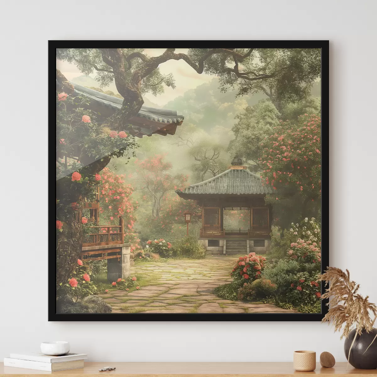 Poster Japanischer Park mit blühenden Bäumen und Blumen, Wald, Holzhaus f39773