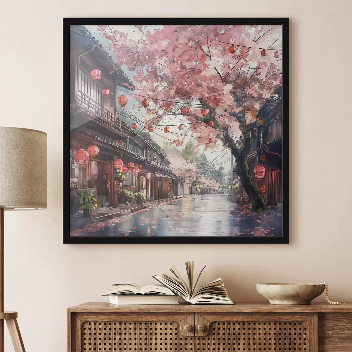 Poster Japanische Straße mit blühenden Kirschbäumen, orientalischer Architektur, Laternen f39774