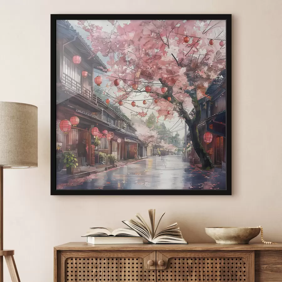 Fototapete Japanische Straße mit blühenden Kirschbäumen, orientalischer Architektur, Laternen f39774