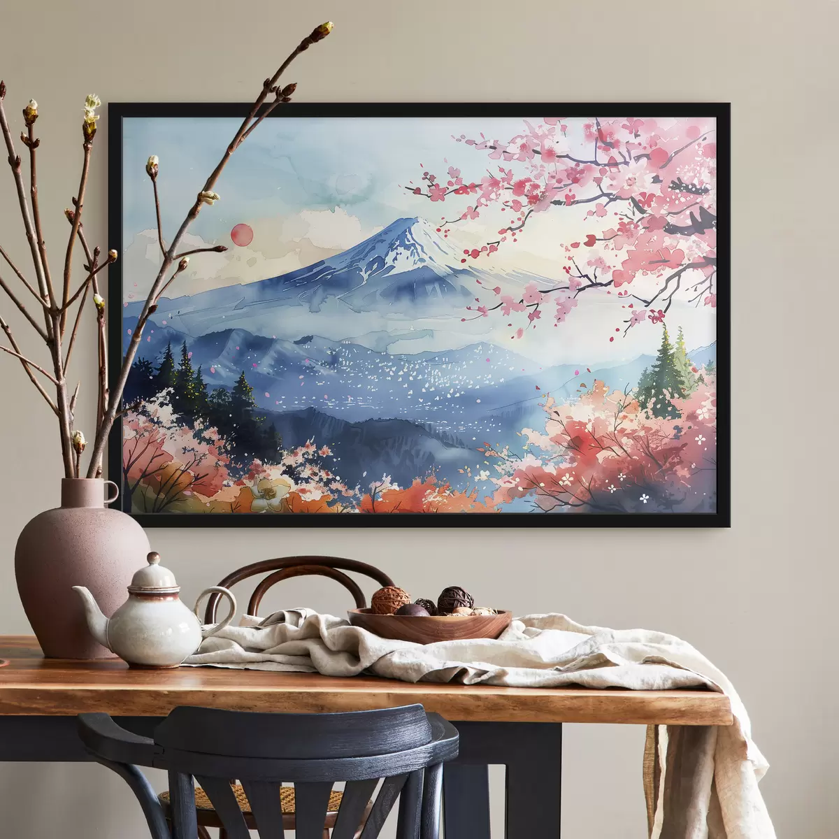 Poster Berg Fuji Landschaft, orientalische Natur, Kirschbäume, Sonnenuntergang f39775