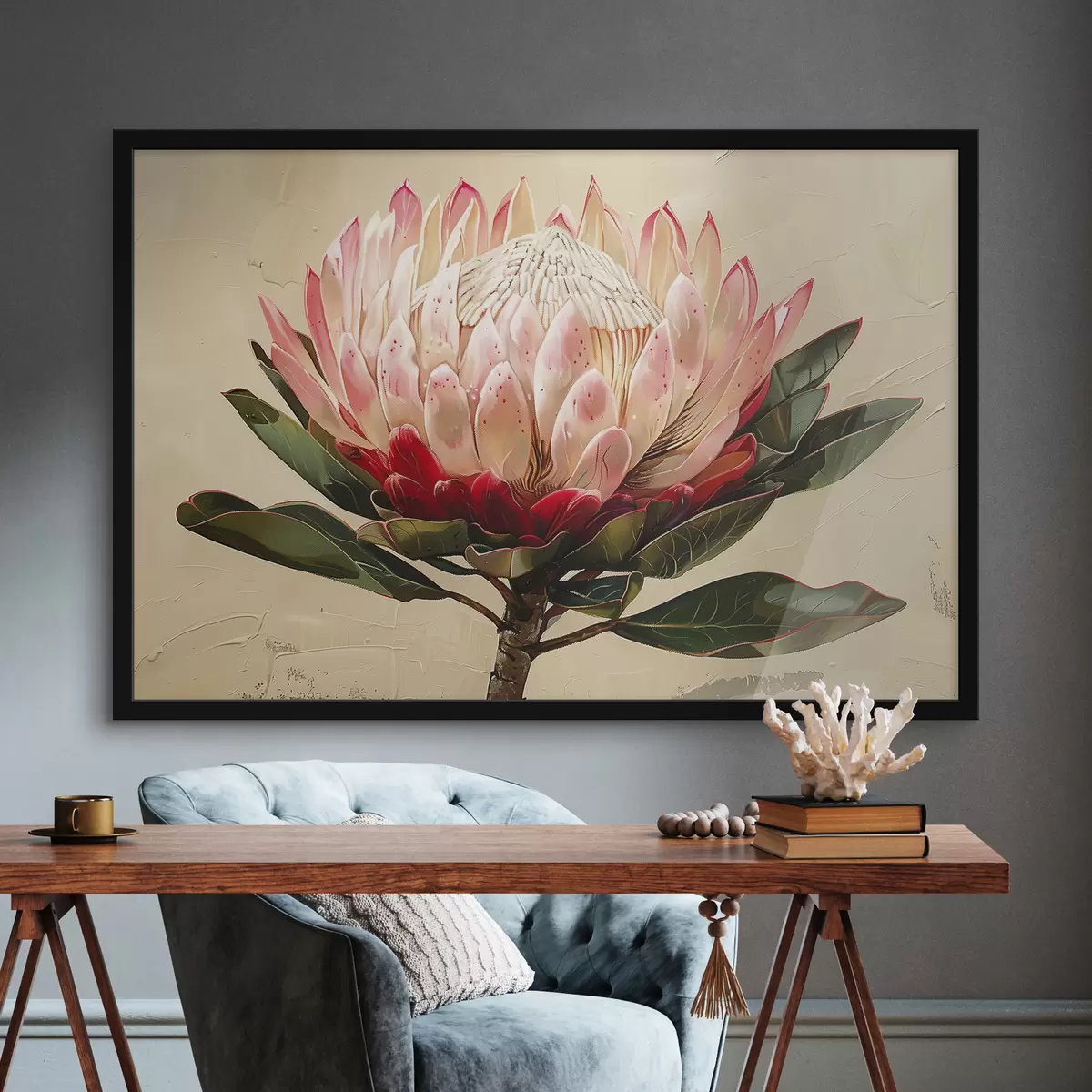 Poster Protea-Blume, Acrylzeichnung, floral, sanfte Naturfarben f39780