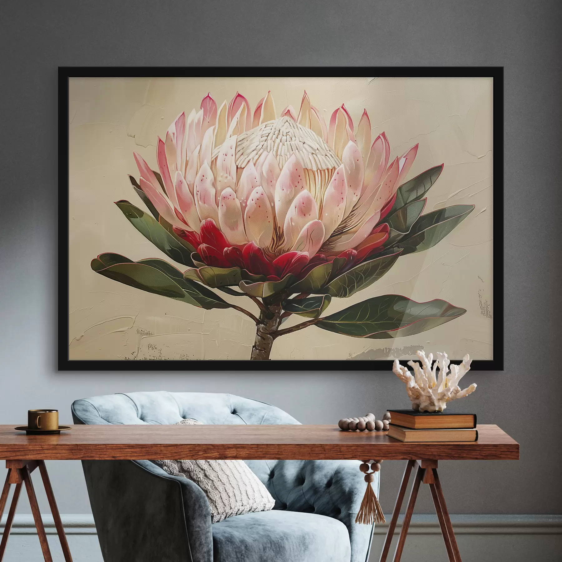 Wandbilder Protea-Blume, Acrylzeichnung, floral, sanfte Naturfarben f39780