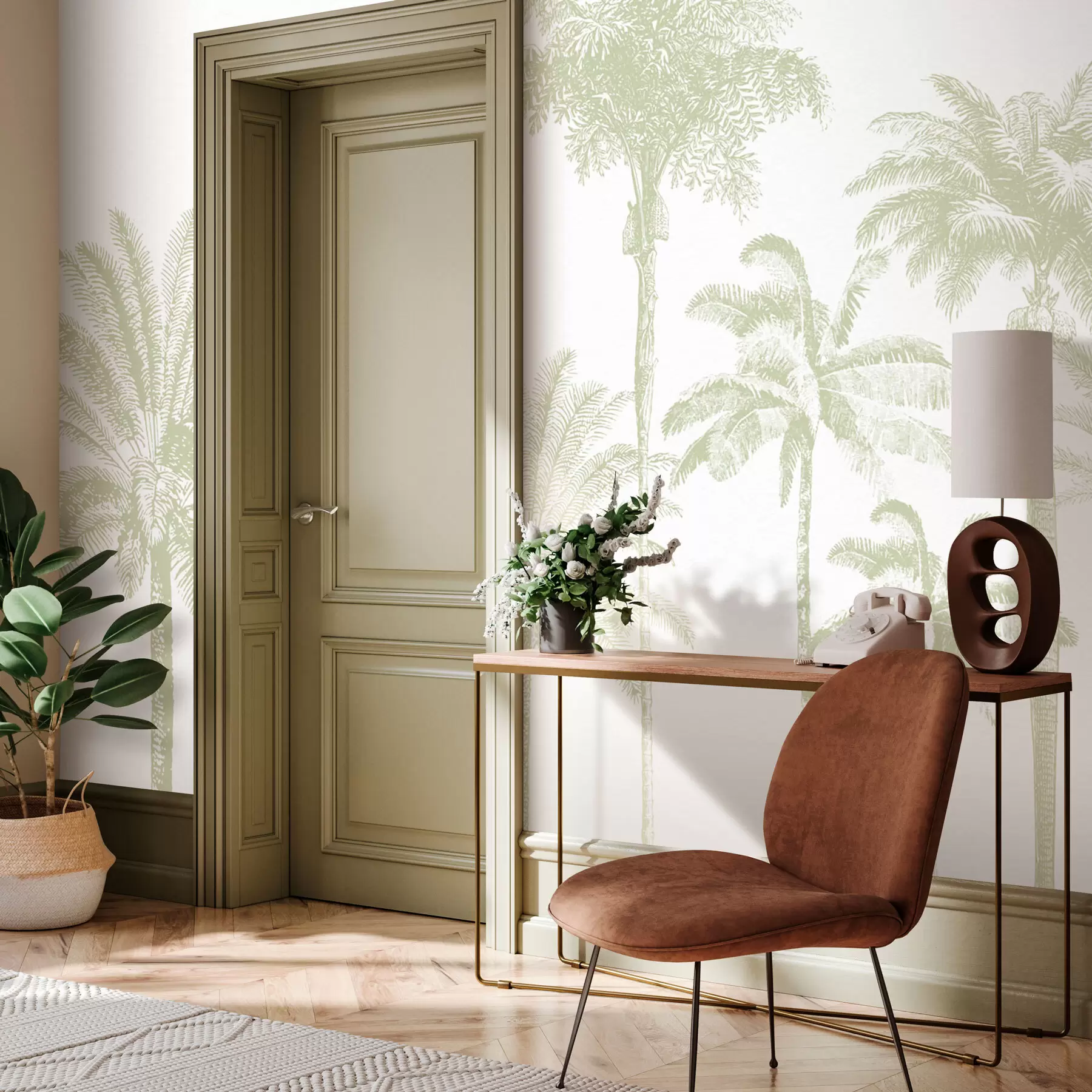 Fototapete Tropische Palmenoase minimale grüne Farbe w08111v3