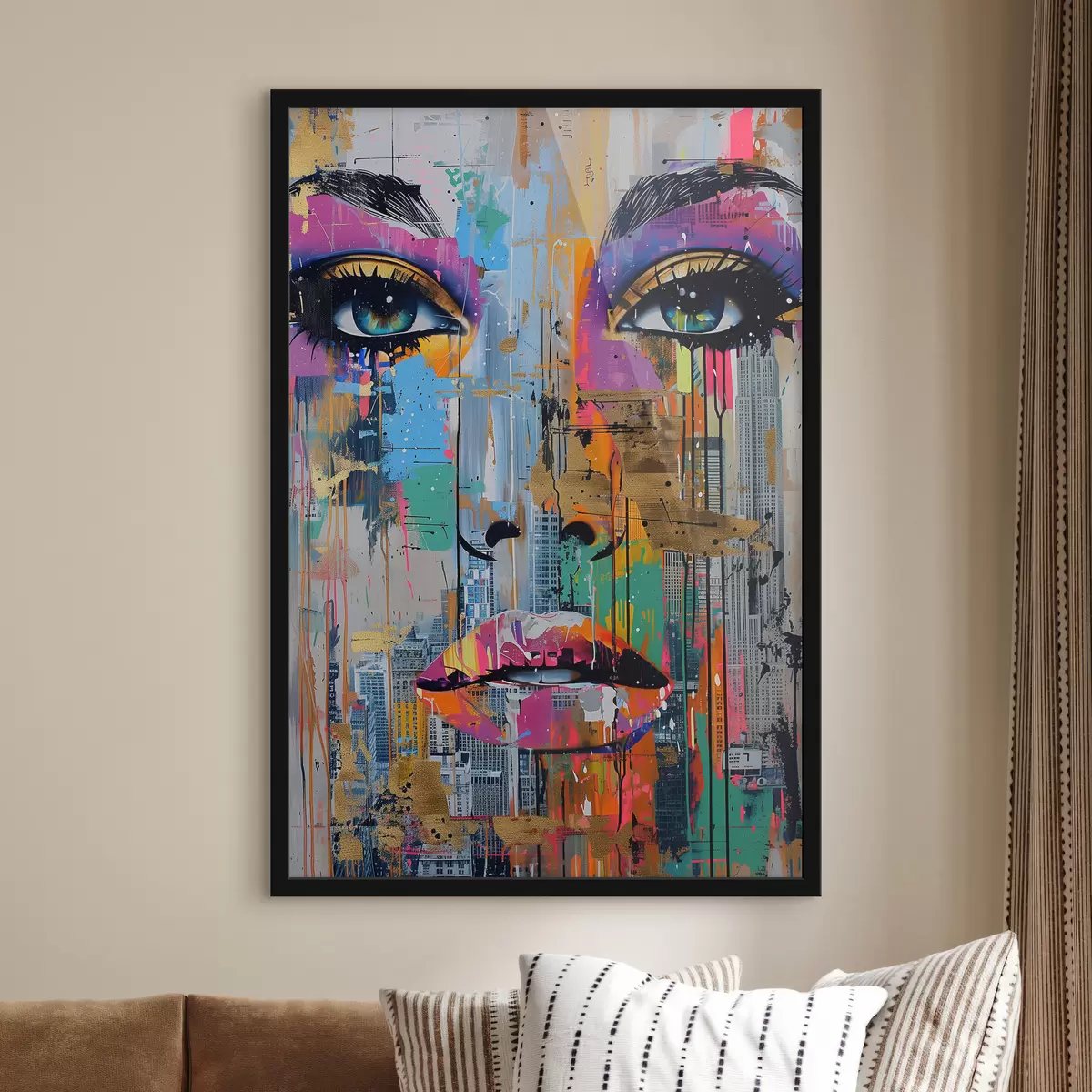 Poster Blaue Augen und Blick auf die Stadt f39800