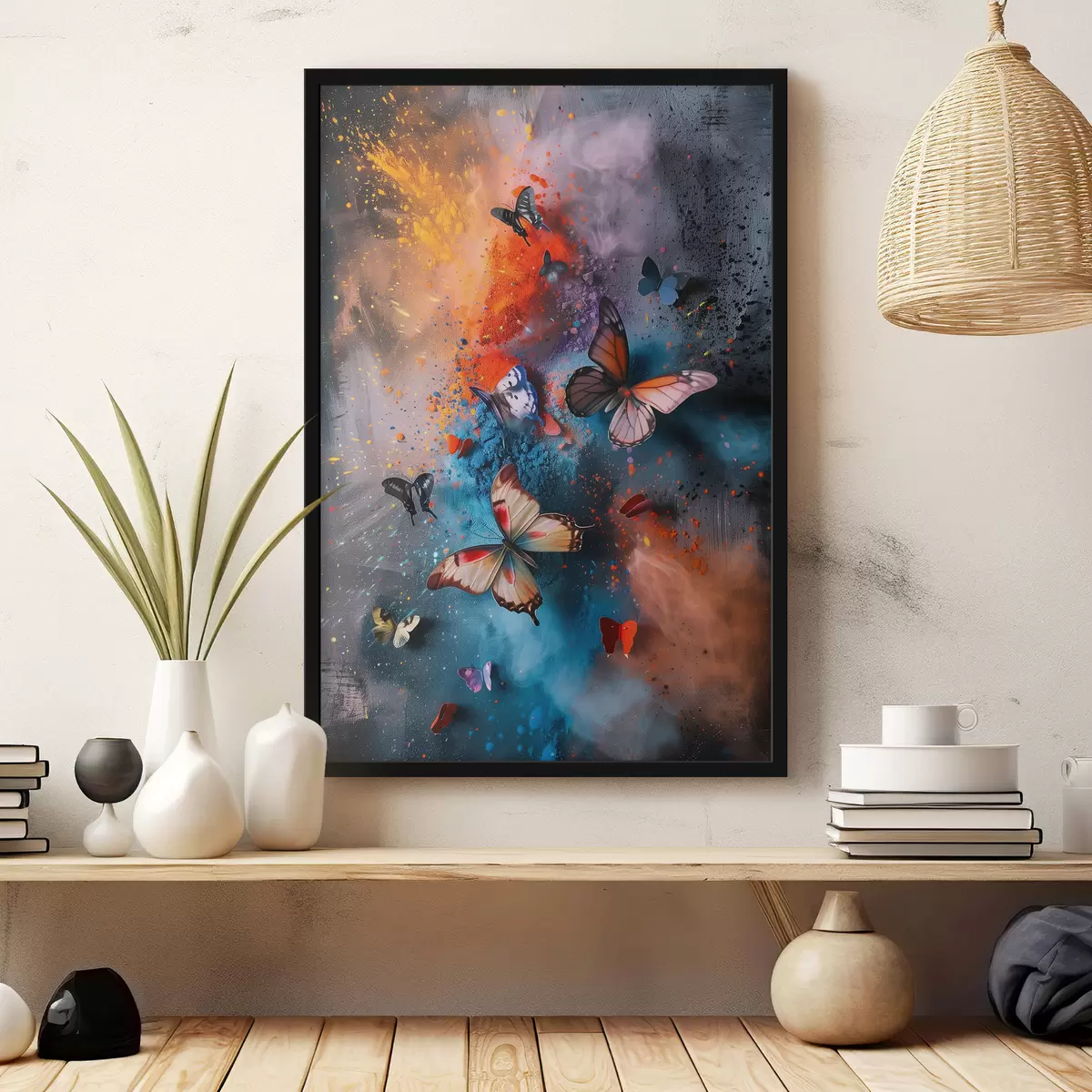Poster Schmetterlinge auf einem Hintergrund aus Farbspritzern f39803