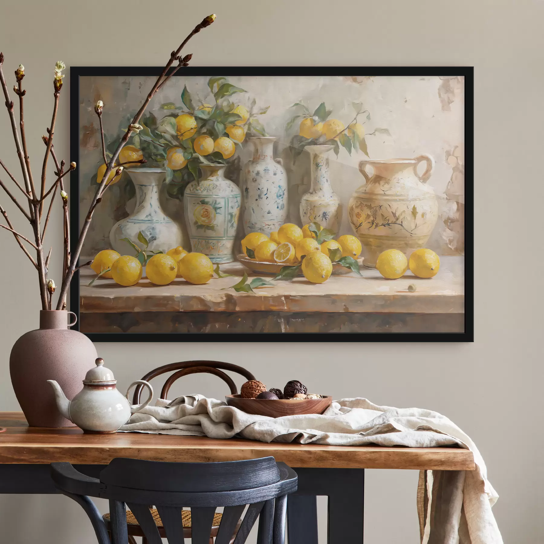 Wandbilder Zitronen und Vintage Vasen auf dem Tisch f39833