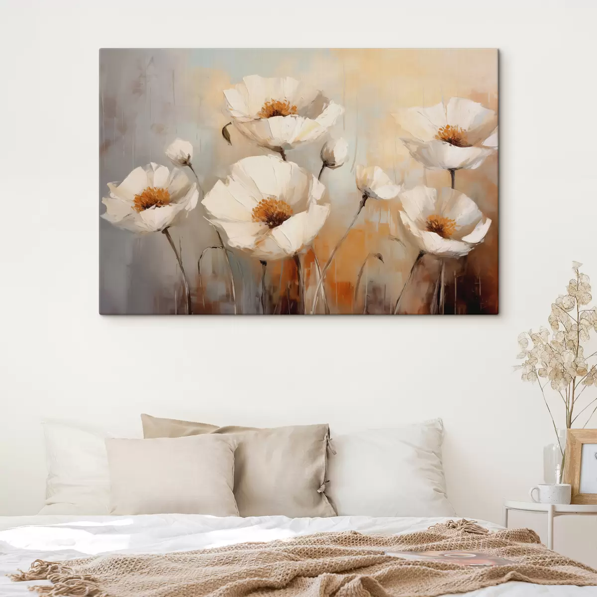 Wandbilder Ölgemälde mit weißen Mohnblumen, Farbe blau und orange s39815