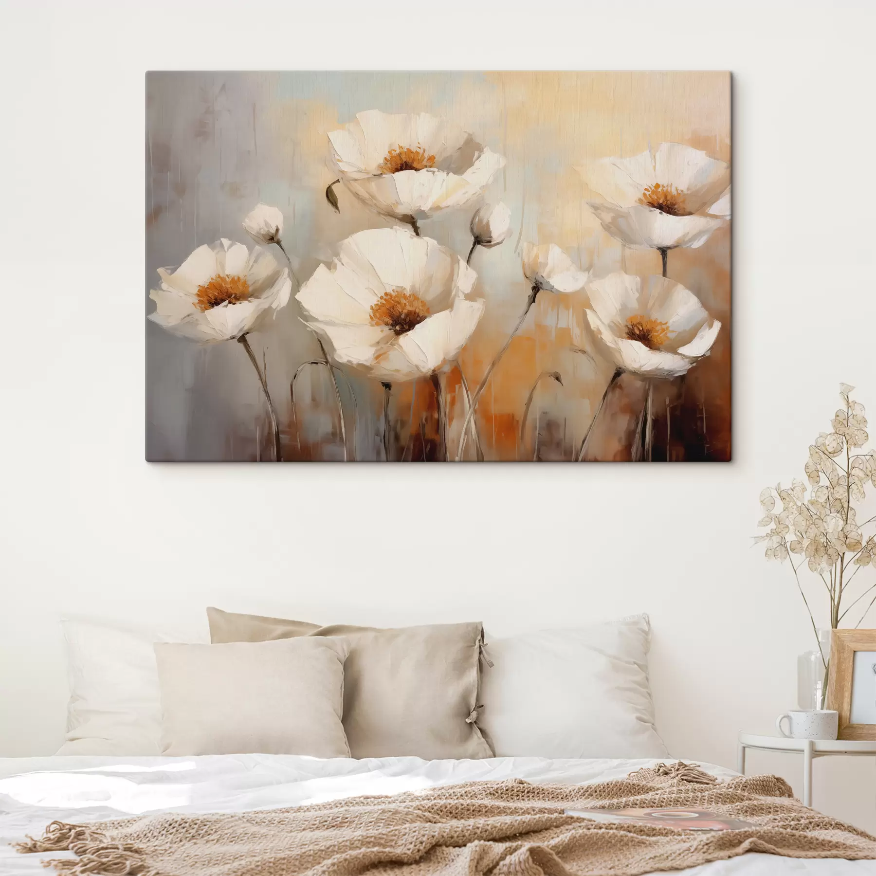 Wandbilder Ölgemälde mit weißen Mohnblumen, Farbe blau und orange s39815