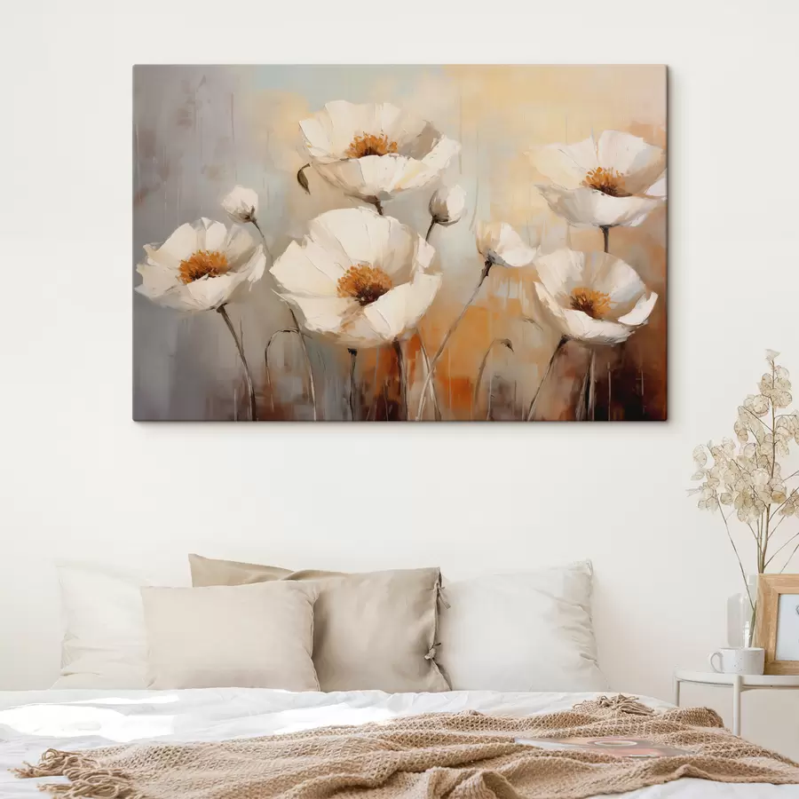 Wandbilder Ölgemälde mit weißen Mohnblumen, Farbe blau und orange s39815