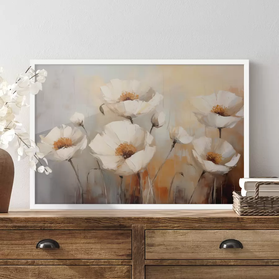 Fototapete Ölgemälde mit weißen Mohnblumen, Farbe blau und orange f39815
