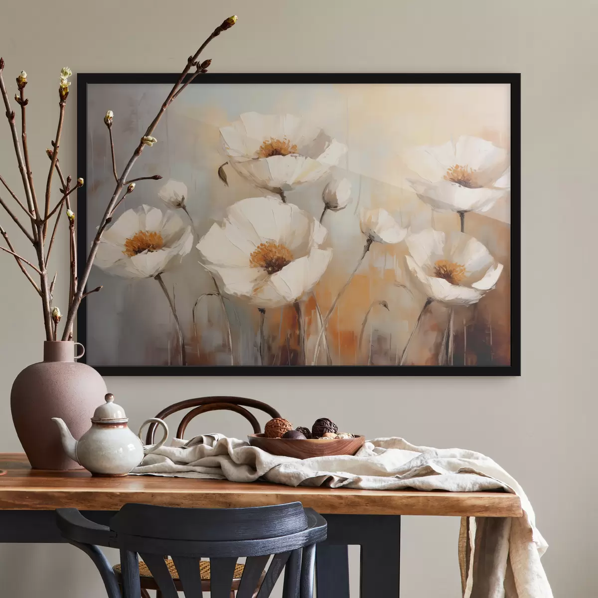 Poster Ölgemälde mit weißen Mohnblumen, Farbe blau und orange f39815