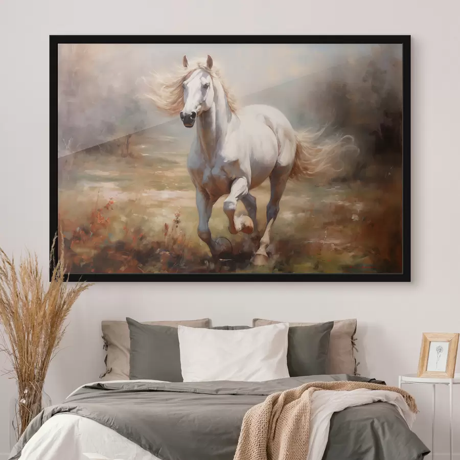 Fototapete Ölgemälde „Weißes Pferd galoppiert über die Wiese“ f39818