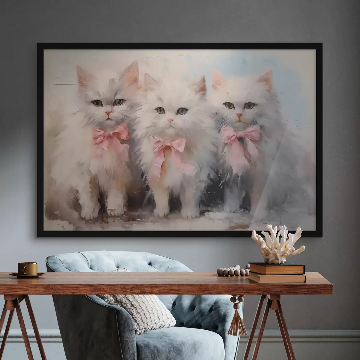 Poster Weiße Katzen mit rosa Schleifen Ölgemälde f39826