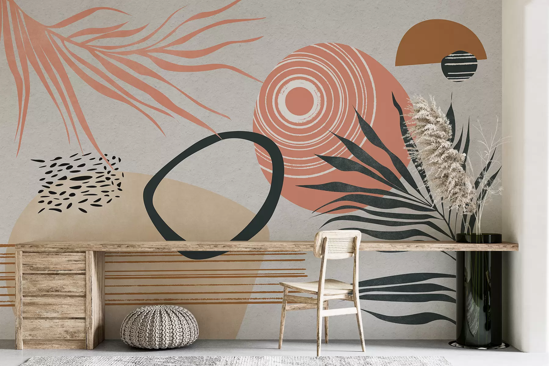 Fototapete Geometrische Abstraktion mit Palmzweigen, Boho-Stil, Fleck, Rosa, Blau, Grau, Wandstruktur w08133