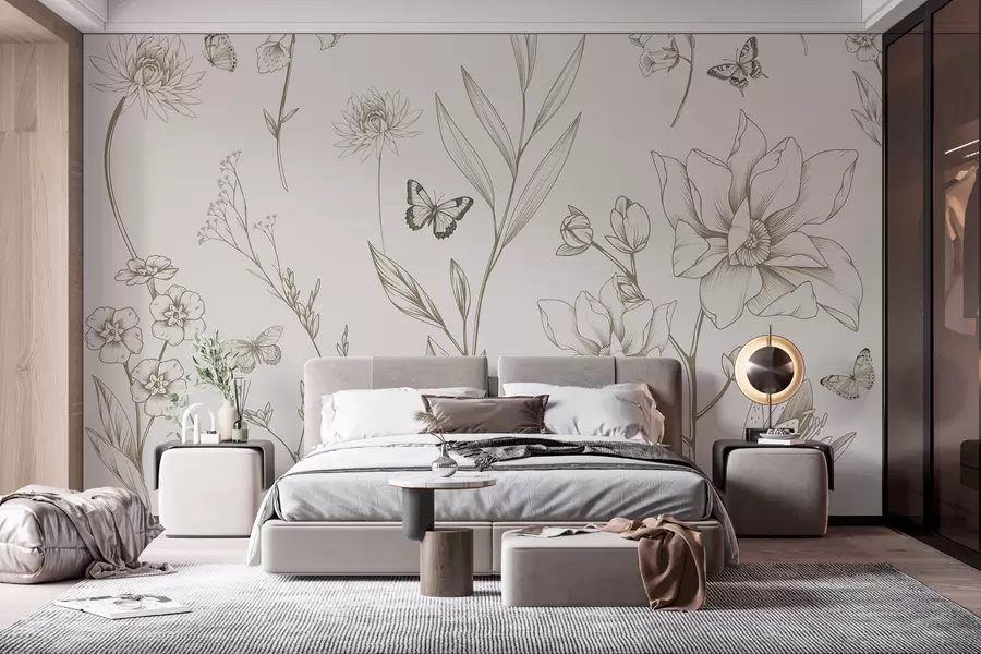 Fototapete Boho Monochrome Blumen und Schmetterlinge in Beige w08088v1