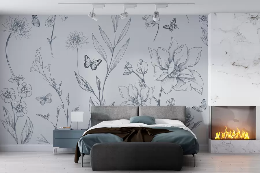 Fototapete Boho Monochrome Blumen und Schmetterlinge in blau w08088v2