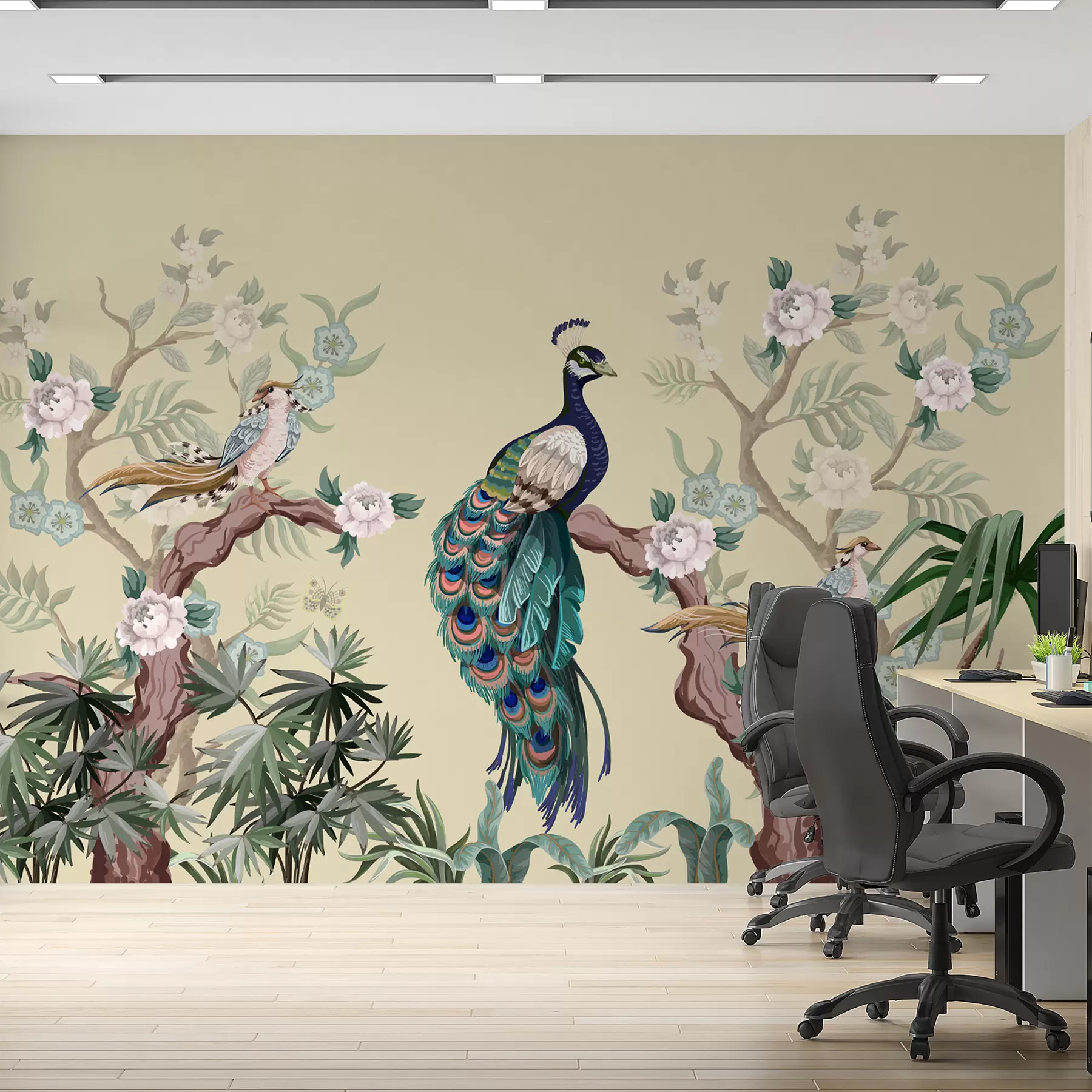 Fototapete Pfau auf einem Baum, beiger Hintergrund w08168