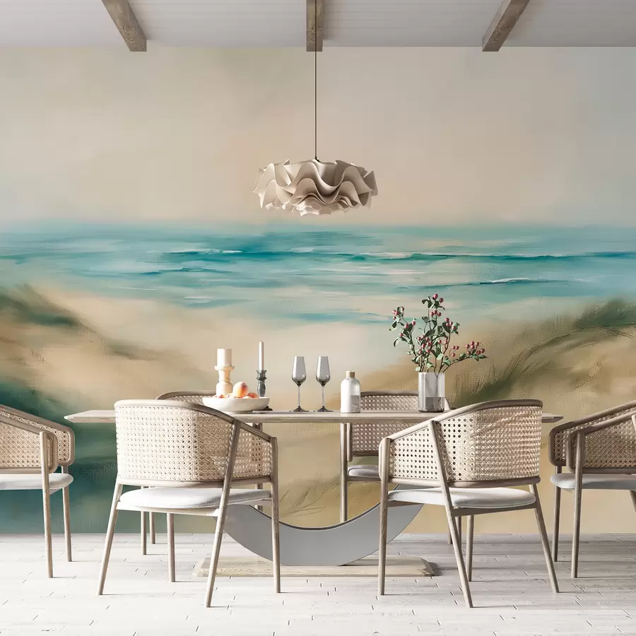 Fototapete Abstrakte Landschaft in Pastellfarben, Strand, Meer, Aquamarin und Beige, Pinselstriche w08141v1
