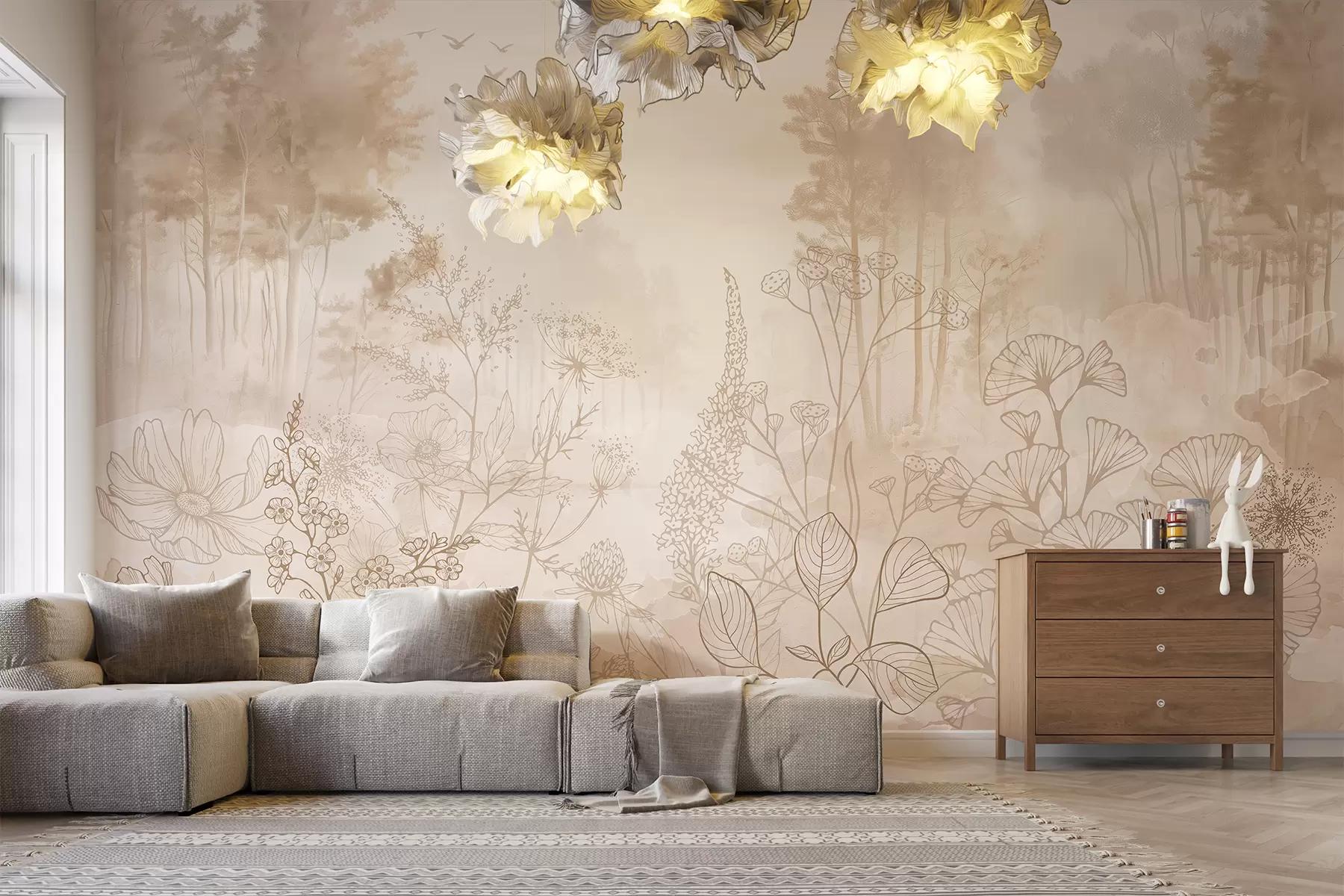Fototapete Waldlandschaft mit Wildblumen, Strichzeichnungen, Realismus, Bäumen, Natur, beige Farbpalette w08142