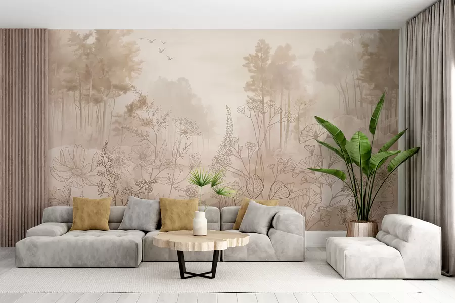 Fototapete Waldlandschaft mit Wildblumen, Strichzeichnungen, Realismus, Bäumen, Natur, beige Farbpalette w08142