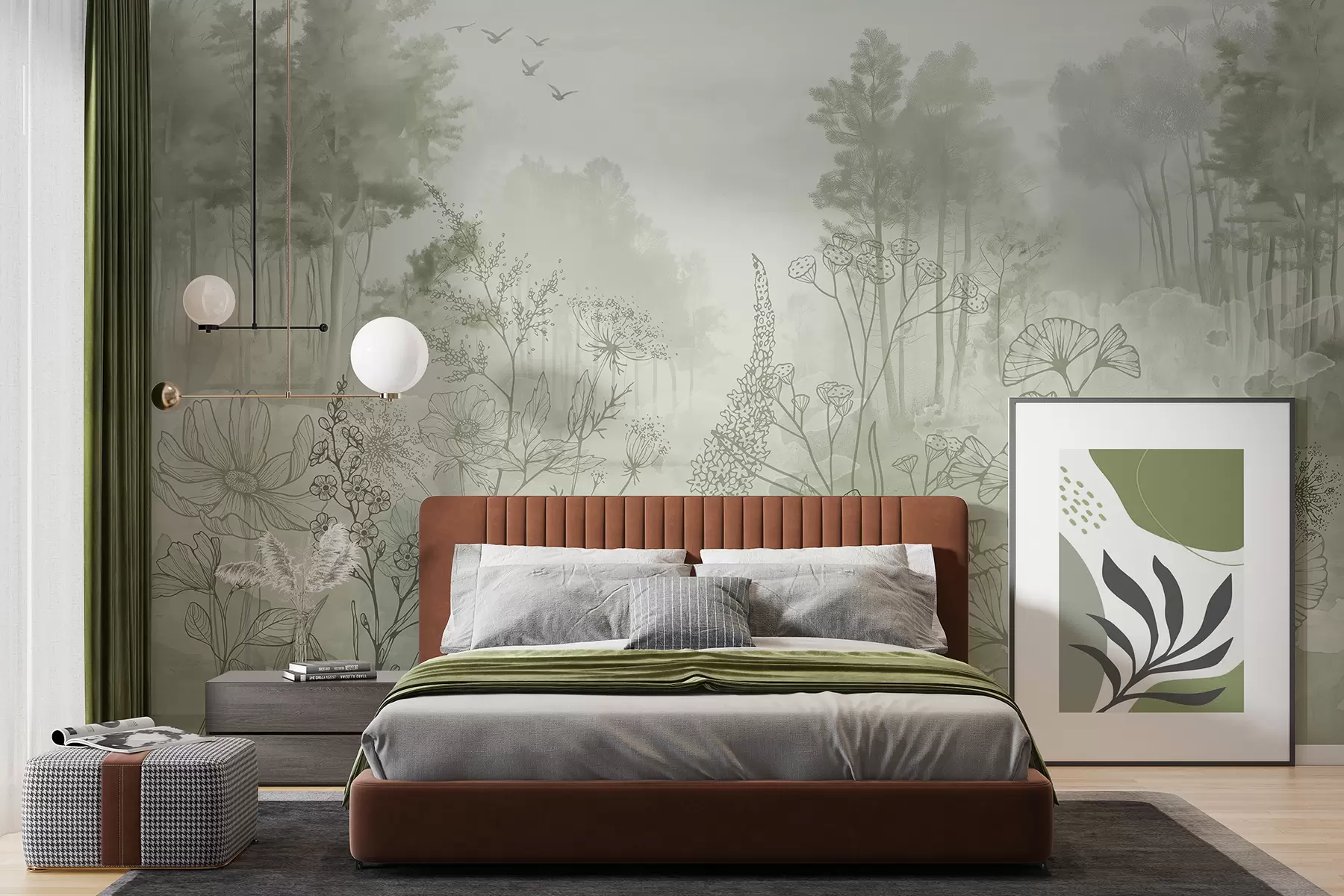 Fototapete Waldlandschaft mit Wildblumen, Strichzeichnungen, Realismus, Bäumen, Natur, grüner Farbpalette w08142v1