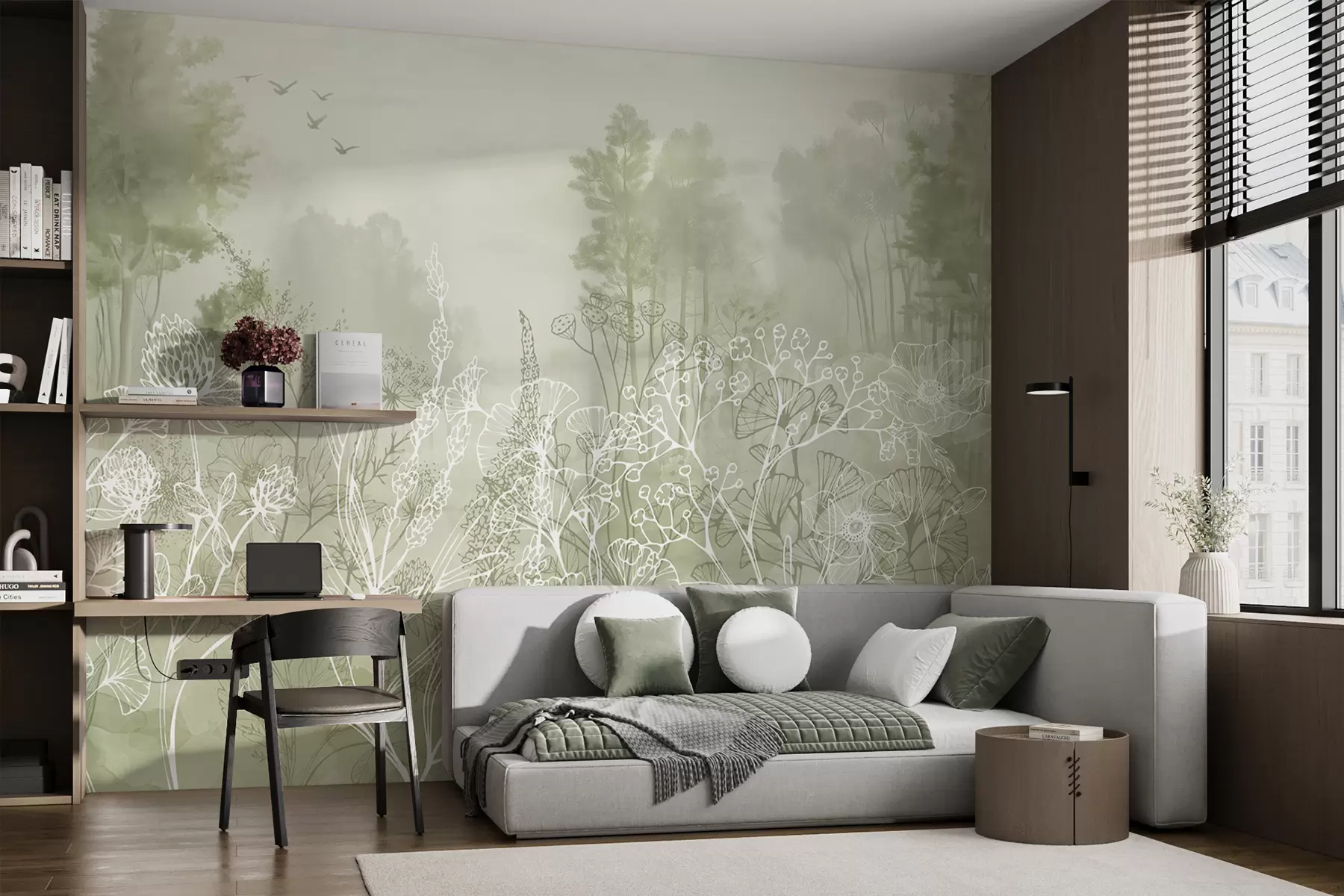 Fototapete Strichzeichnung Blumen, Waldlandschaft, Natur, Realismus, grüne Farbpalette w08144v2