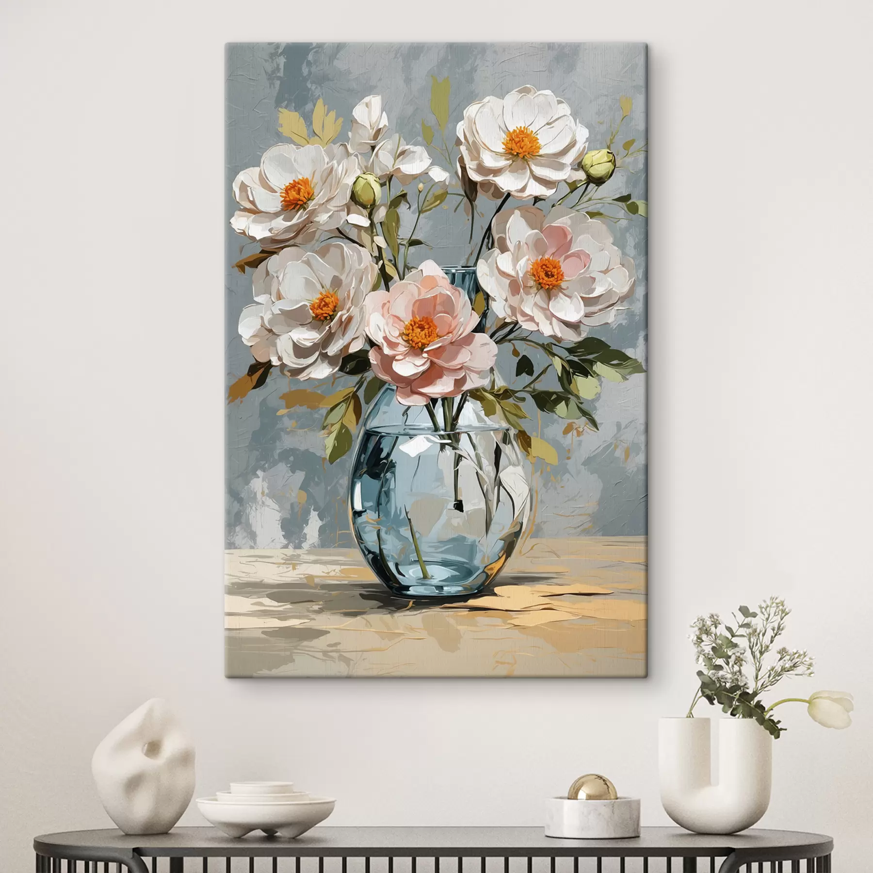 Wandbilder Weiße Blumen in transparenter Vase s39850
