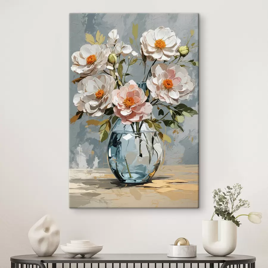 Wandbilder Weiße Blumen in transparenter Vase s39850