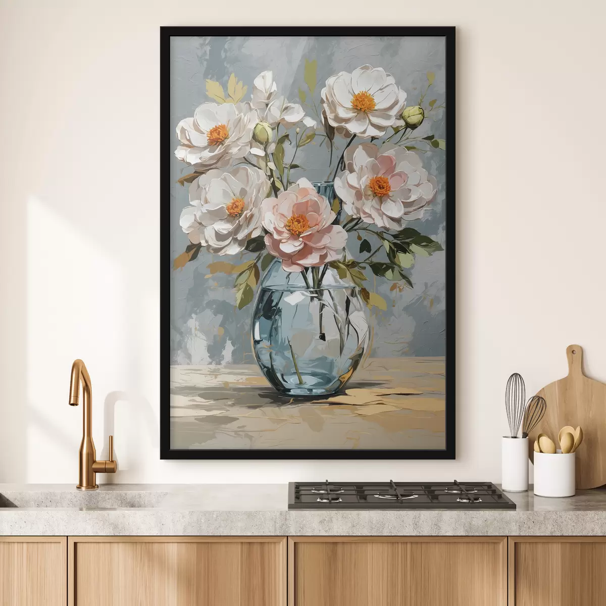 Poster Weiße Blumen in transparenter Vase f39850