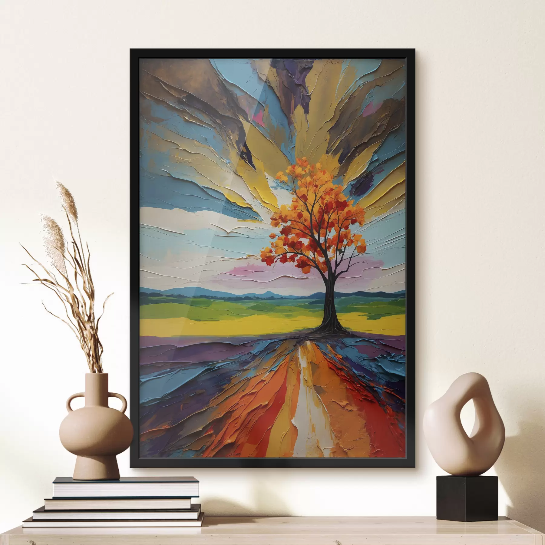 Fototapete Baum auf dem Hintergrund eines Feldes und abstrakten Himmel Ölgemälde f39851