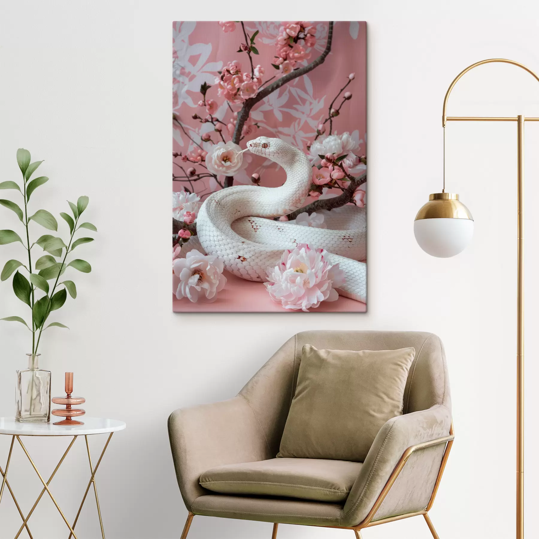 Fototapete Weiße Schlange und rosa Blumen s39941