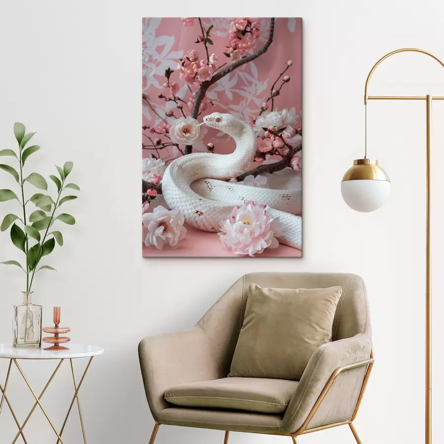 Wandbilder Weiße Schlange und rosa Blumen s39941