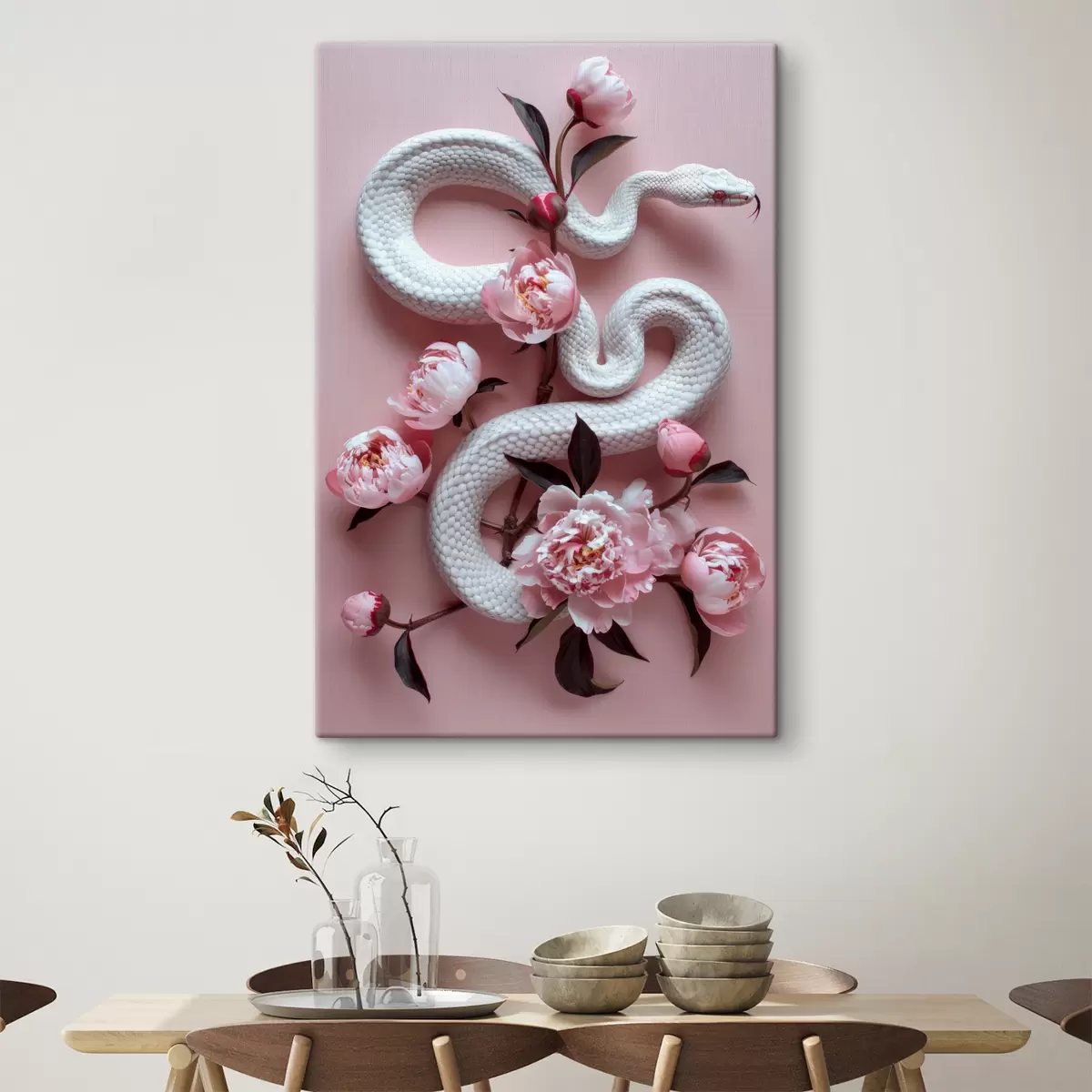 Wandbilder Pfingstrosen und weiße Schlange s39942