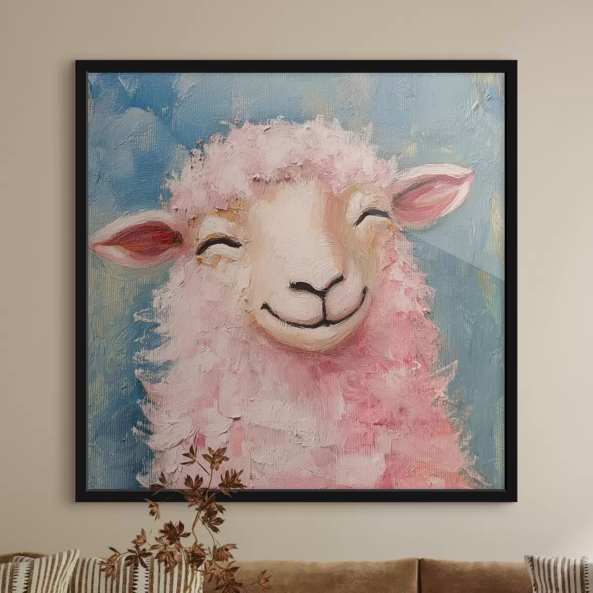 Poster Fröhlicher Widder mit rosa Wolle f39911