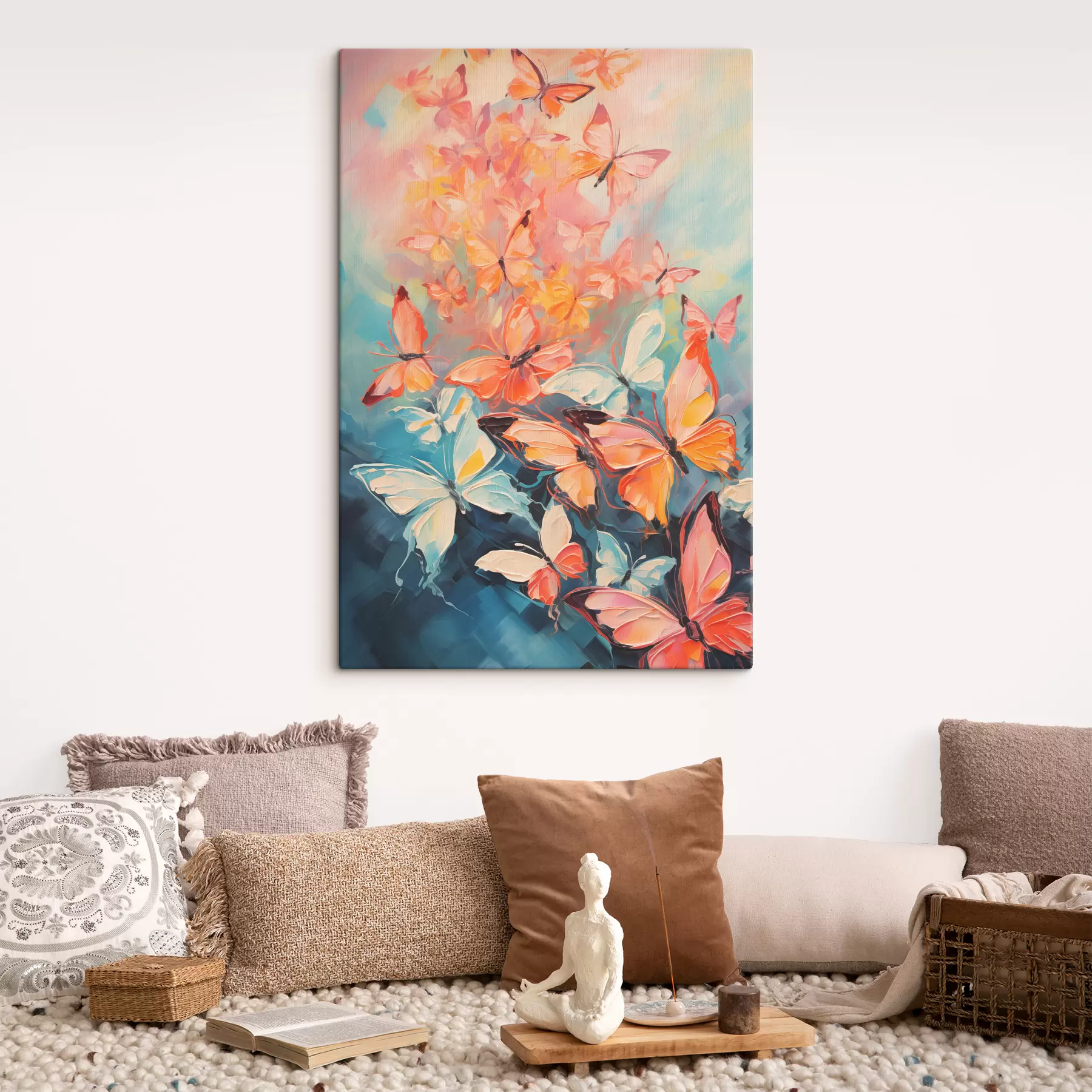 Wandbilder Ein Schwarm Schmetterlinge fliegt auf blauem Ölgemälde s39922