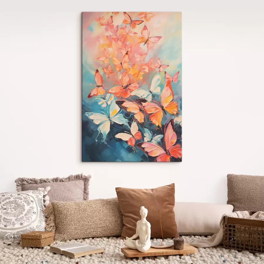 Wandbilder Ein Schwarm Schmetterlinge fliegt auf blauem Ölgemälde s39922