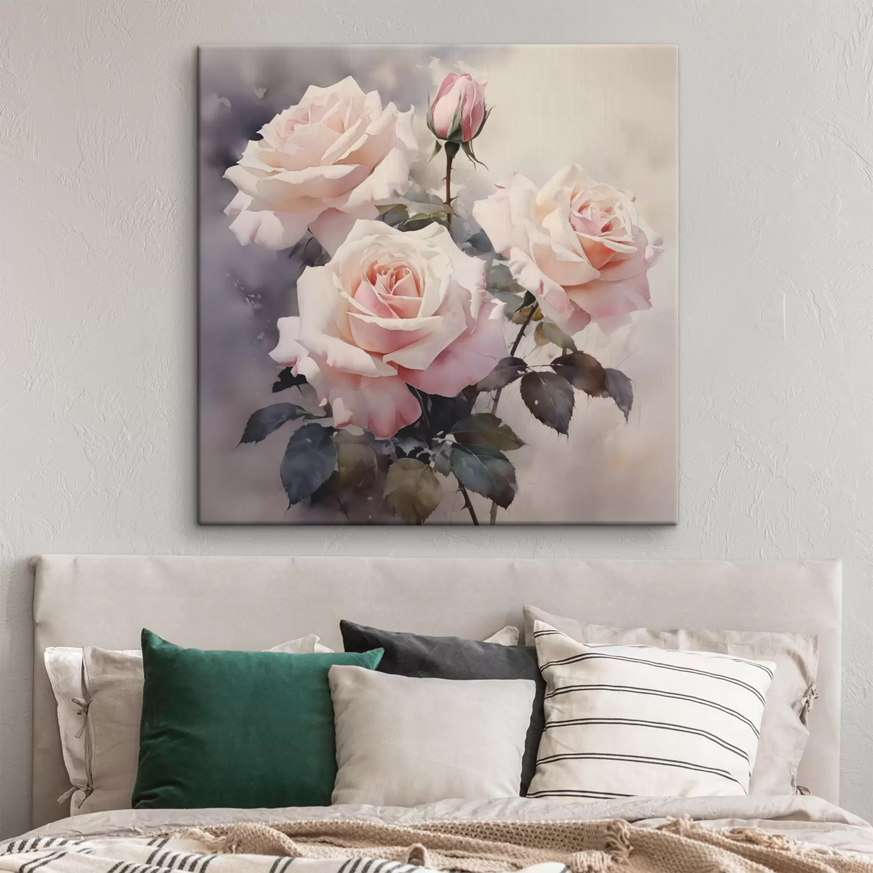 Wandbilder Weiße rosa Rosen auf dunklem Hintergrund Aquarell s39927