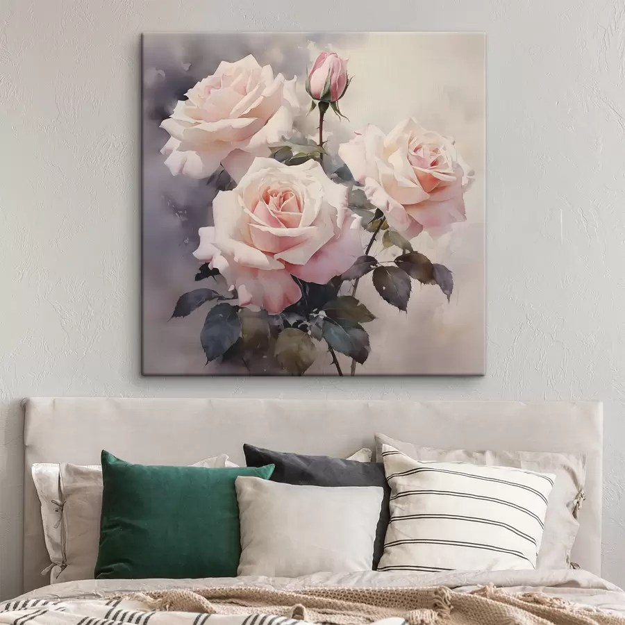 Wandbilder Weiße rosa Rosen auf dunklem Hintergrund Aquarell s39927