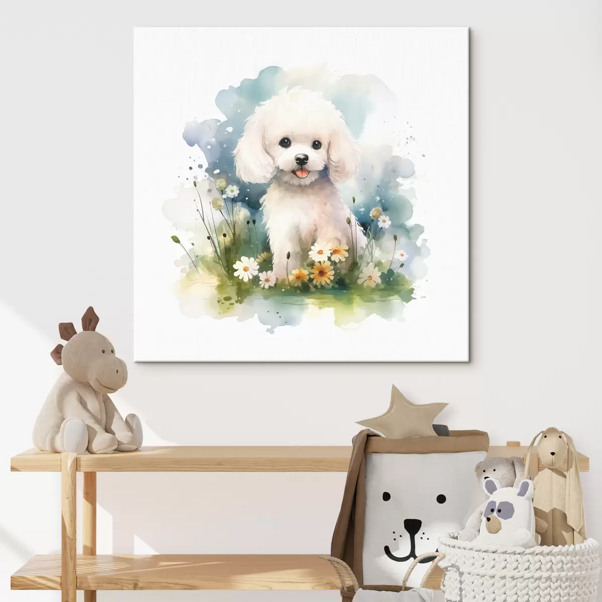 Wandbilder Kleiner weißer Pudel sitzt im Blumenaquarell s39928