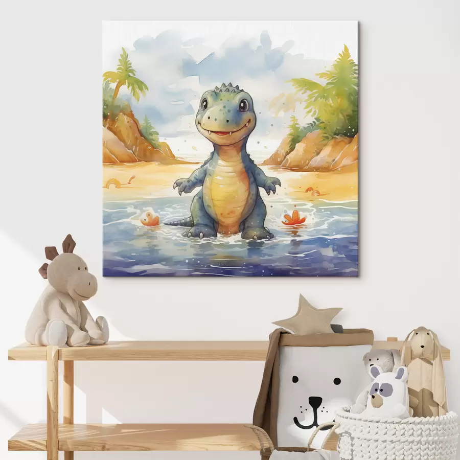 Wandbilder Dinosaurier im Fluss vor dem Hintergrund von Bergen und Farnen Aquarell s39930