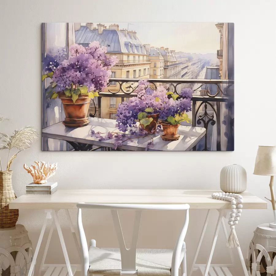 Wandbilder Veilchen in einem Topf auf einem Balkon in Paris Aquarell s39931