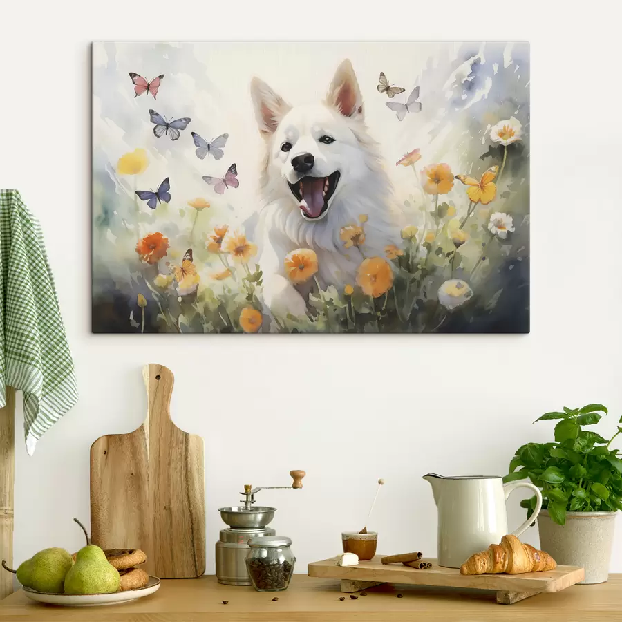 Wandbilder Weißer Hund sitzt in Blumen, Schmetterlinge fliegen Aquarell s39936